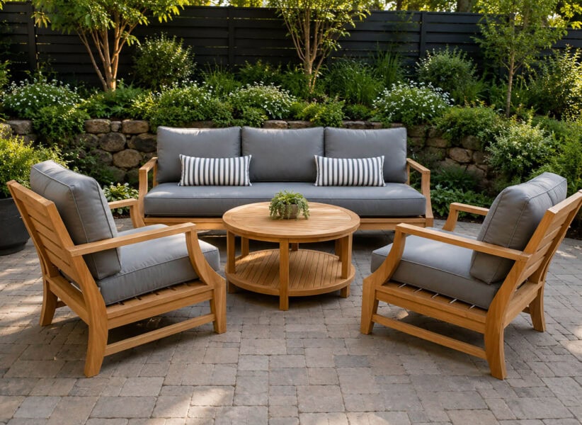 teak couch, two lounge chairs all with gray cushions and a teak coffee table surrounded by green ferns on a patio Paradise Teak Bay Area California