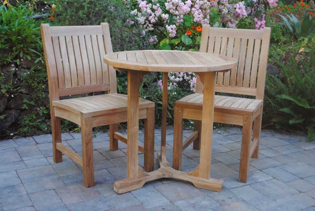 30" Round Bistro Table with two Chairs all made of teak and build to last season after season Paradise Teak Bay Area California