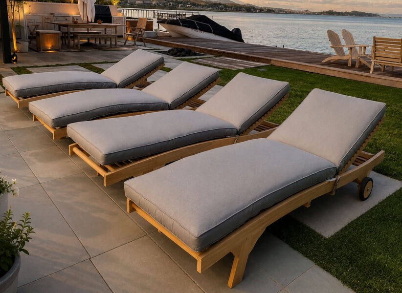 four teak chaise sun loungers on a large open patio area near the water Paradise Teak Bay Area California