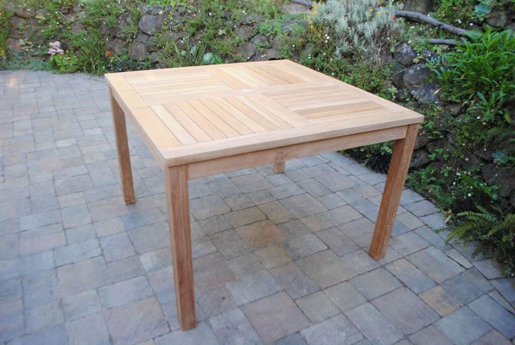 teak 4 Foot Square Table features a striking pinwheel tabletop design Paradise Teak Bay Area California