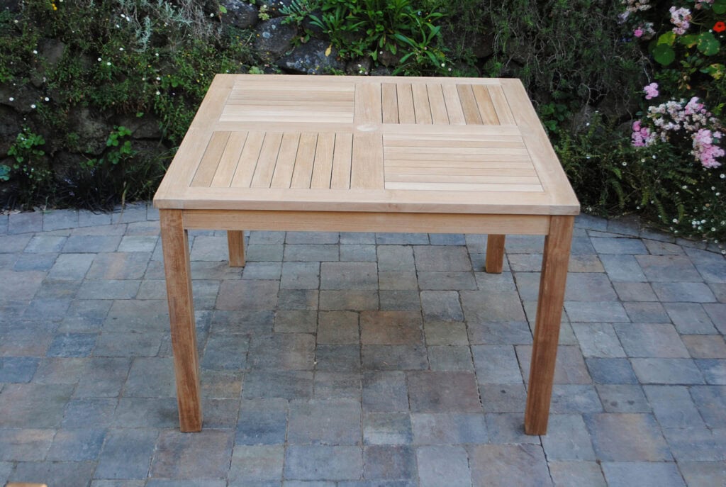 teak 4 Foot Square Table features a striking pinwheel tabletop design Paradise Teak Bay Area California