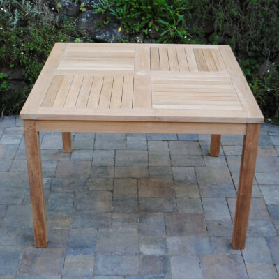 teak 4 Foot Square Table features a striking pinwheel tabletop design Paradise Teak Bay Area California
