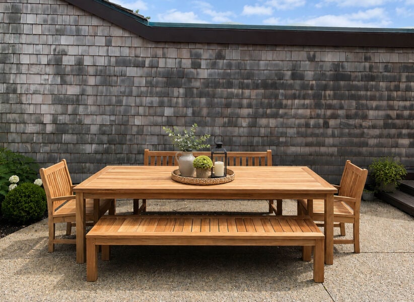 teak farm table with two benches and two chairs outside Paradise Teak Bay Area California