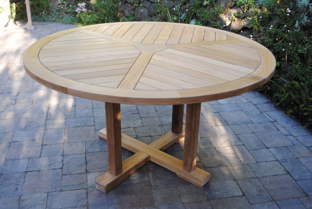 55" Round FIxed teak table with unique chevron design Paradise Teak Bay Area California
