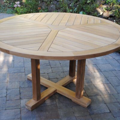 55" Round FIxed teak table with unique chevron design Paradise Teak Bay Area California