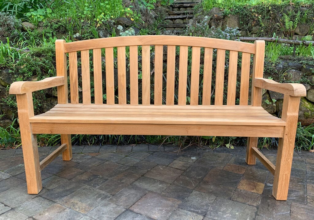 5 Foot teak Curved Top Bench with a back and arm rests Front View Paradise Teak Bay Area California
