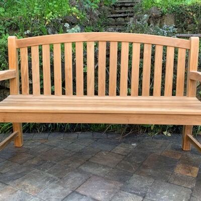 5 Foot teak Curved Top Bench with a back and arm rests Front View Paradise Teak Bay Area California