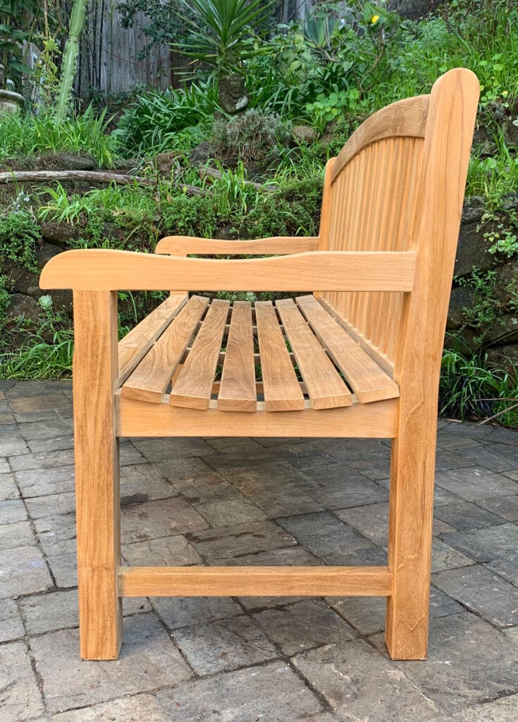 curved teak bench with back and arm rests Paradise Teak Bay Area California