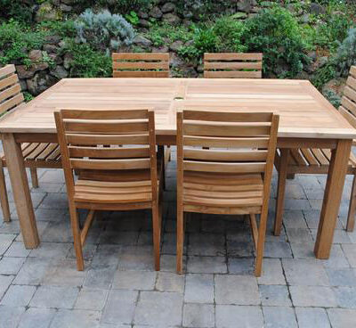 teak 6' Fixed Rectangle Farm Table with six chairs adds beauty and function to patio or deck Paradise Teak Bay Area California