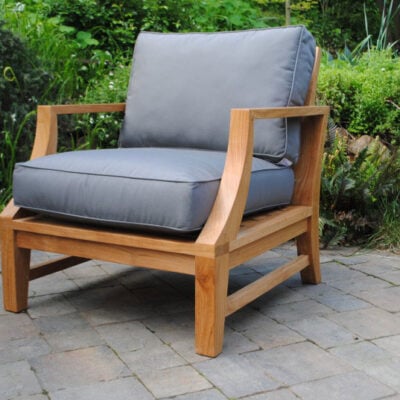 teak Capitola Deep Seating Lounge Chair with gray Cushions looks comfortable Paradise Teak Bay Area California