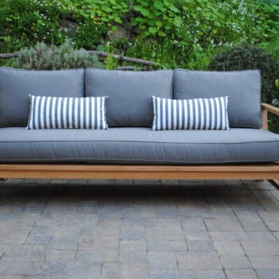 Capitola Deep Seating teak Sofa with gray Cushions and two accent pillows Paradise Teak Bay Area California