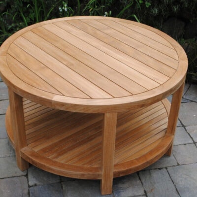 top view of teak Capitola Round Coffee Table with lower shelf has many uses on a patio or deck Paradise Teak Bay Area California