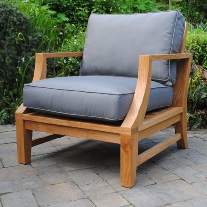 teak lounge chair with blue cushions Paradise Teak Bay Area California