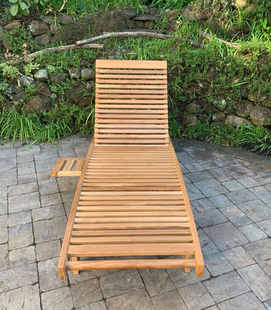 front view of teak Chaise Sun Lounger with cup holder Paradise Teak Bay Area California