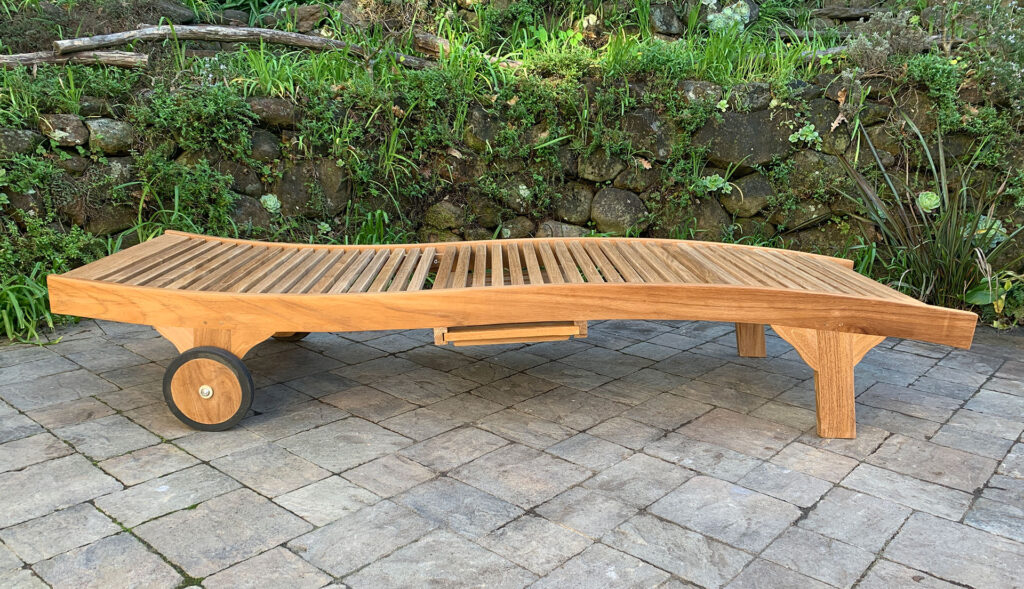 Chaise Sun Lounger with cup holder and wheels lying flat Paradise Teak Bay Area California