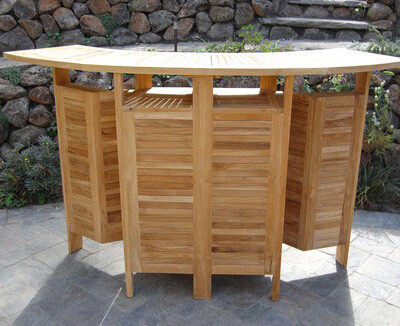 front view of teak folding bar has storage and many uses Paradise Teak Bay Area California
