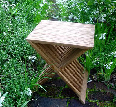 Folding Stool/Side Table has many uses for an outdoor space Paradise Teak Bay Area California