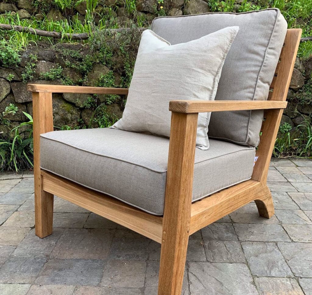 teak Glen Ellen Deep Seating Lounge Chair with Sunbrella taupe Cushions Paradise Teak Bay Area California