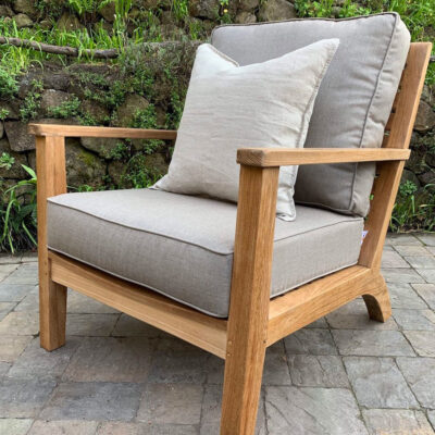 teak Glen Ellen Deep Seating Lounge Chair with Sunbrella taupe Cushions Paradise Teak Bay Area California