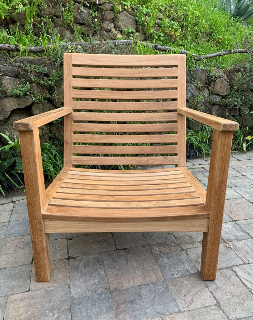 teak Glen Ellen Deep Seating Lounge Chair Front View sans Sunbrella Cushions Paradise Teak Bay Area California