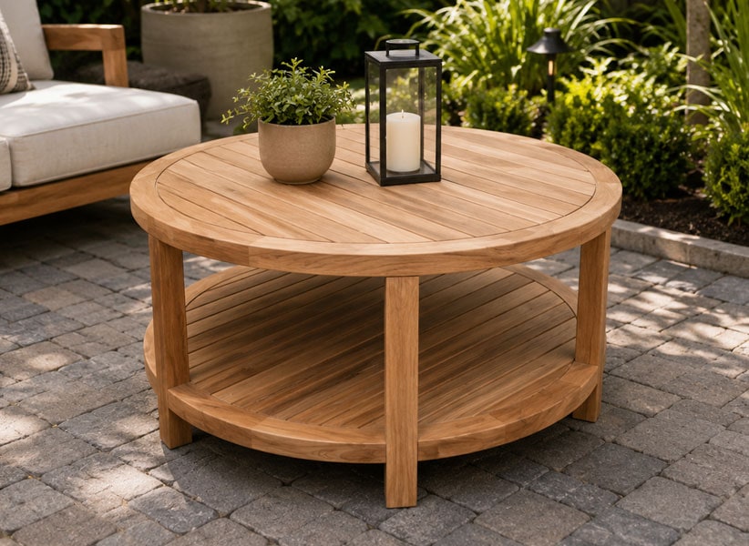 close up of teak accent table used as coffee table with a shelf on a shady patio Paradise Teak Bay Area California