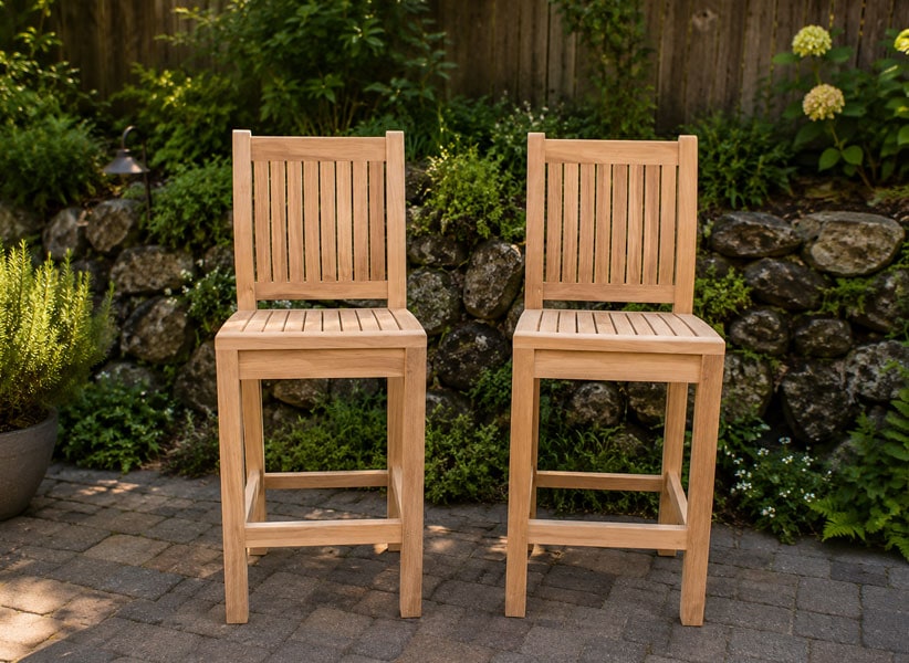 teak bar stool furniture on a patio Paradise Teak Bay Area California