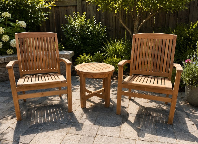 outdoor teak small table sits between two comfortable teak chairs on a sunny patio Paradise Teak Bay Area California