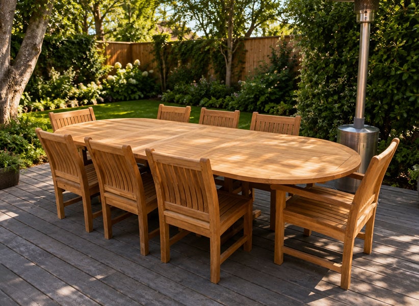 teak outdoor extendable table with 8 chairs on deck area Paradise Teak Bay Area California