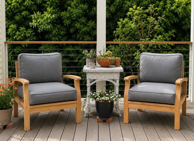 close up of two teak lounge chairs with gray cushions on a peaceful deck Paradise Teak Bay Area California