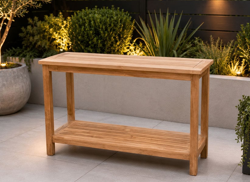 teak patio furniture features a buffet table with lower shelf Paradise Teak Bay Area California