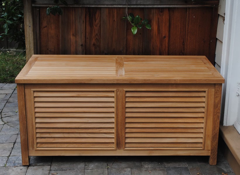 close up of outdoor teak Storage Box Paradise Teak Bay Area California