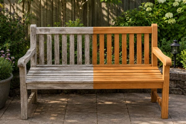 Teak Care Hero image - bench with half of it treated with a proper finish Paradise Teak Bay Area California
