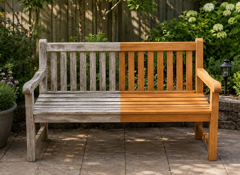 Teak Care - teak bench with half treated properly to help maintain longevity Paradise Teak Bay Area California