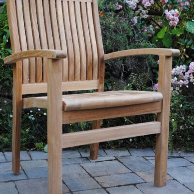 Teak Napa Arm Chair Angle View sitting on patio Paradise Teak Bay Area California