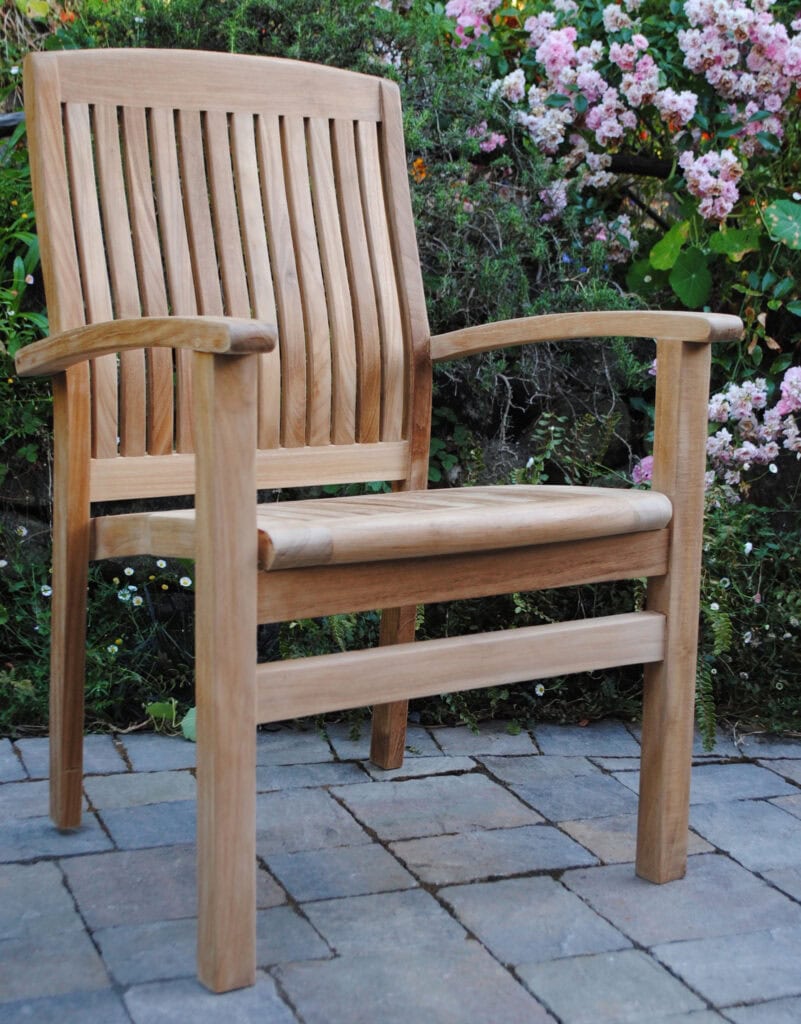 Teak Napa Arm Chair Angle View sitting on patio Paradise Teak Bay Area California