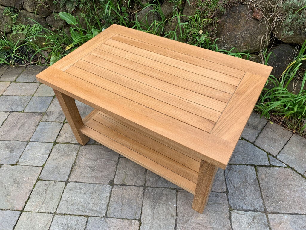 Rectangle teak Coffee Table side view showing lower shelf and craftsmanship Paradise Teak Bay Area California