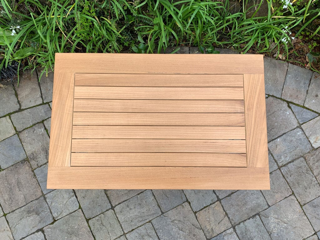 Rectangle teak Coffee Table Top View highlights craftmanship Paradise Teak Bay Area California