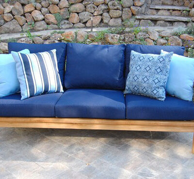 royal blue cushions and matching pillows on a teak sonoma Deep Seating Sofa Paradise Teak Bay Area California