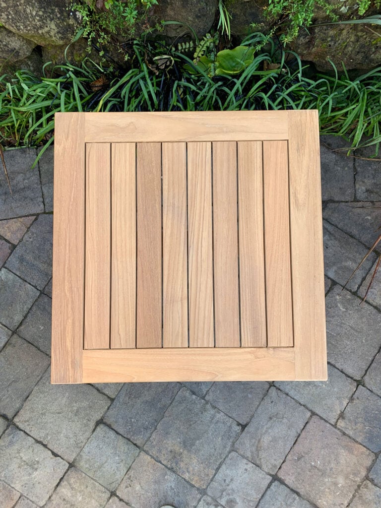 Square teak Table top view shows quality workmanship Paradise Teak Bay Area California
