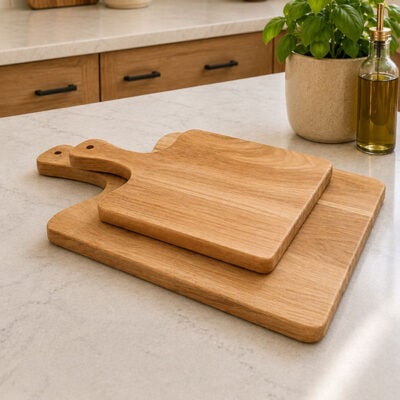 Teak Serving Board Squares in two sizes on kitchen table Paradise Teak Bay Area California