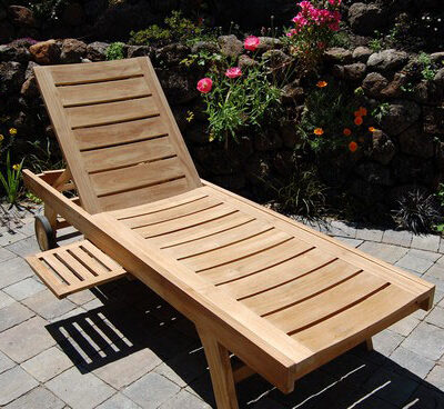 teak Thick Board Lounger with built in tray and wheels on a sunny deck Paradise Teak Bay Area California